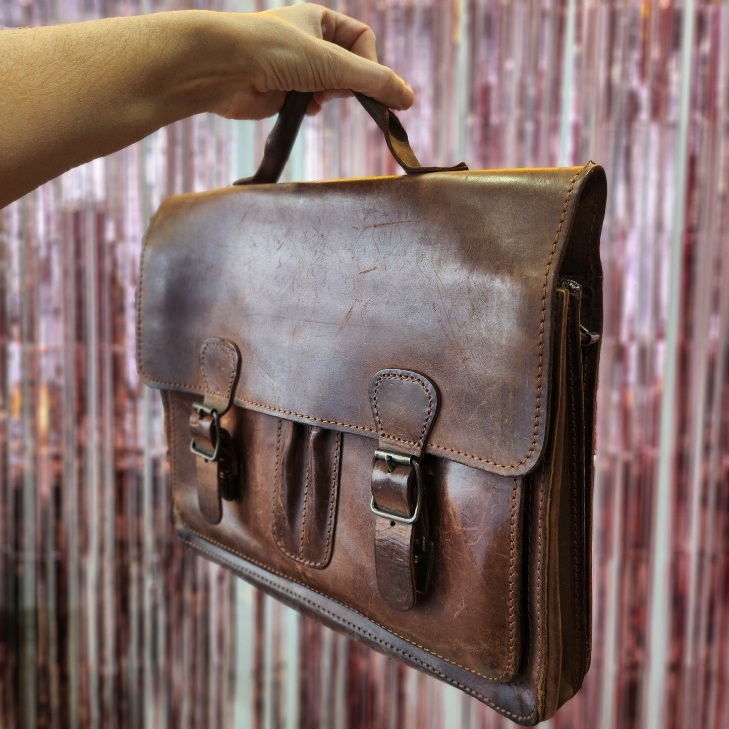 Vintage Leather Briefcase with Straps