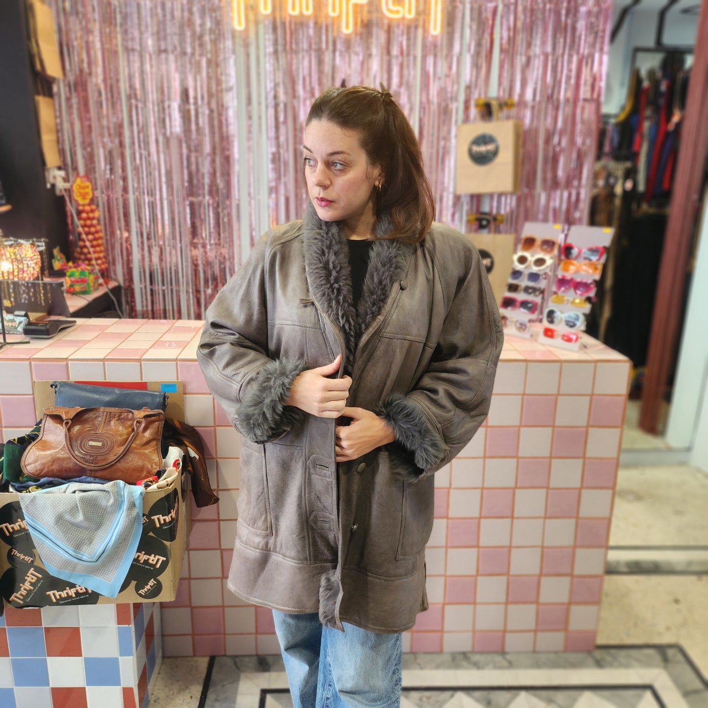 Oversized Grey Shearling Leather Coat
