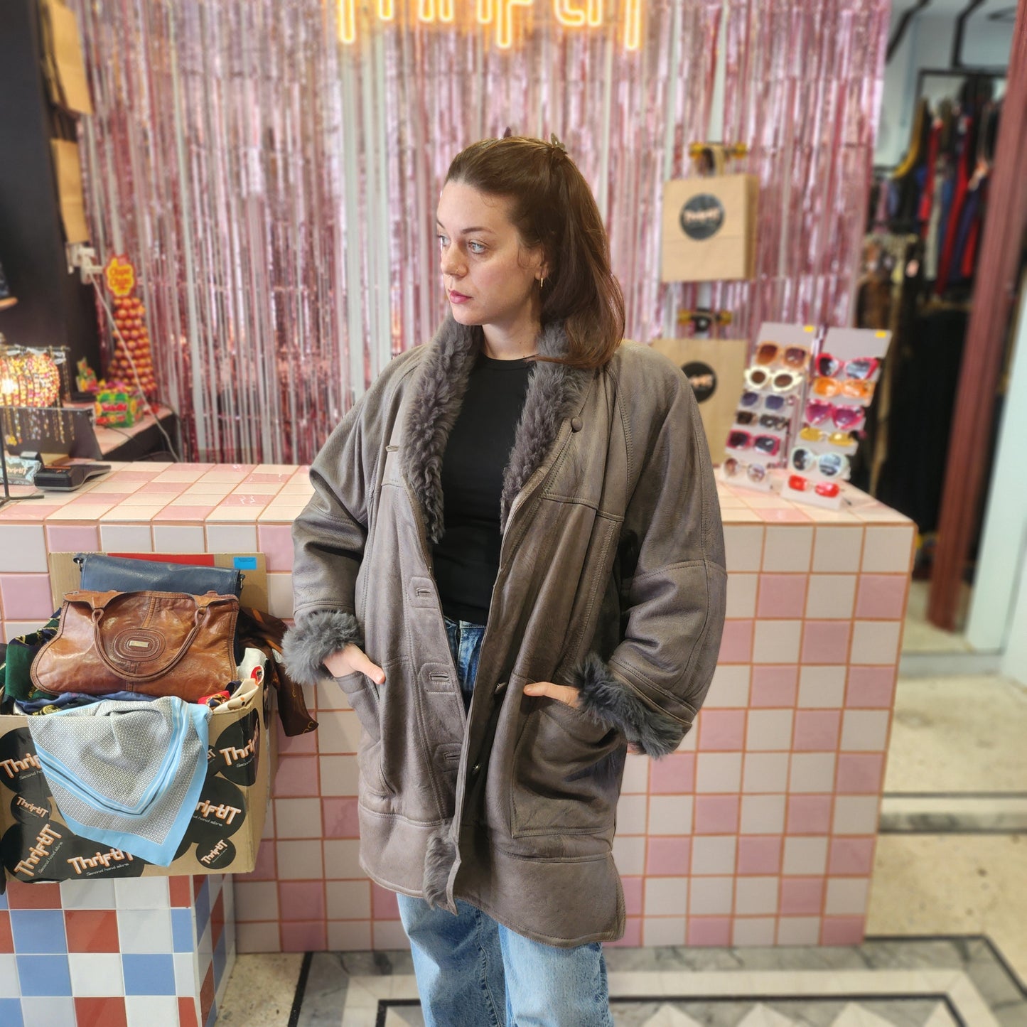 Oversized Grey Shearling Leather Coat
