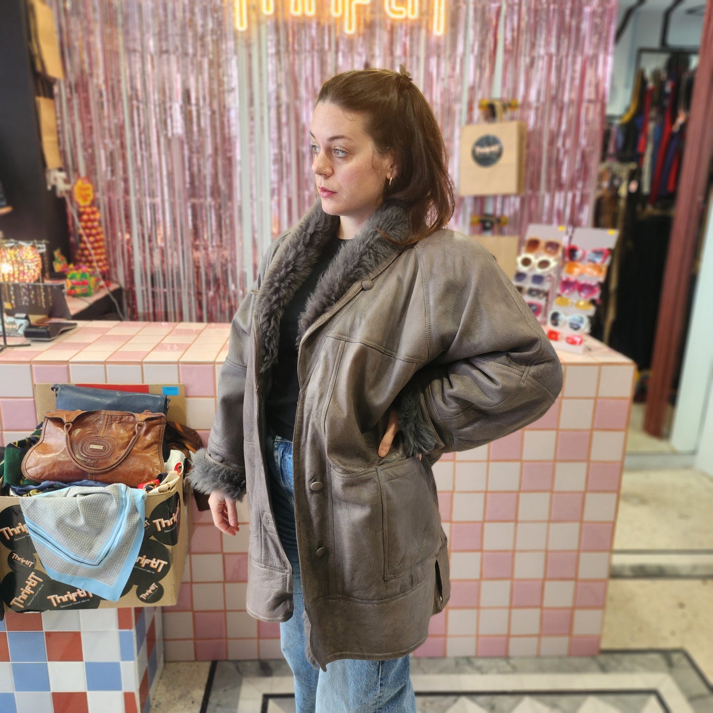 Oversized Grey Shearling Leather Coat