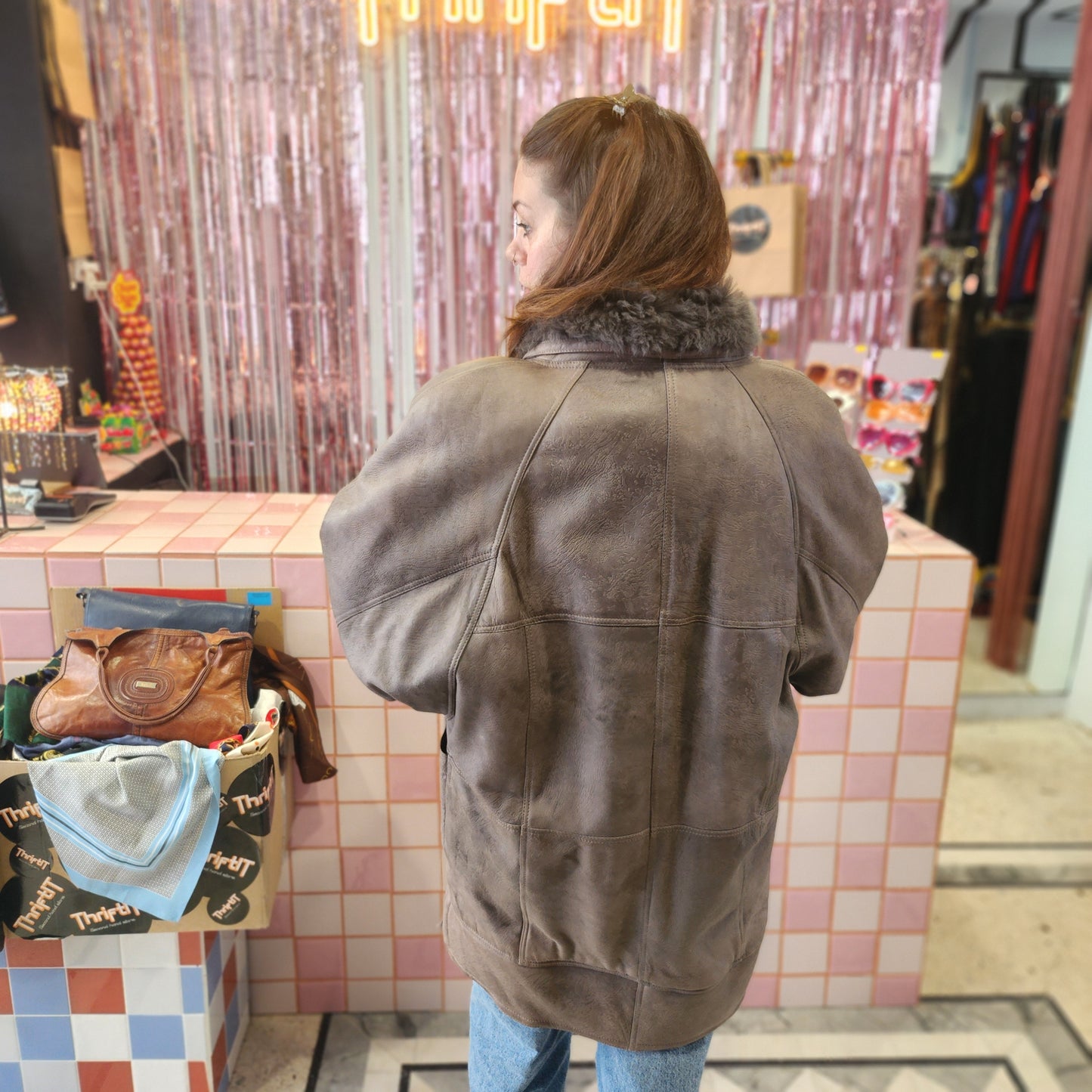 Oversized Grey Shearling Leather Coat