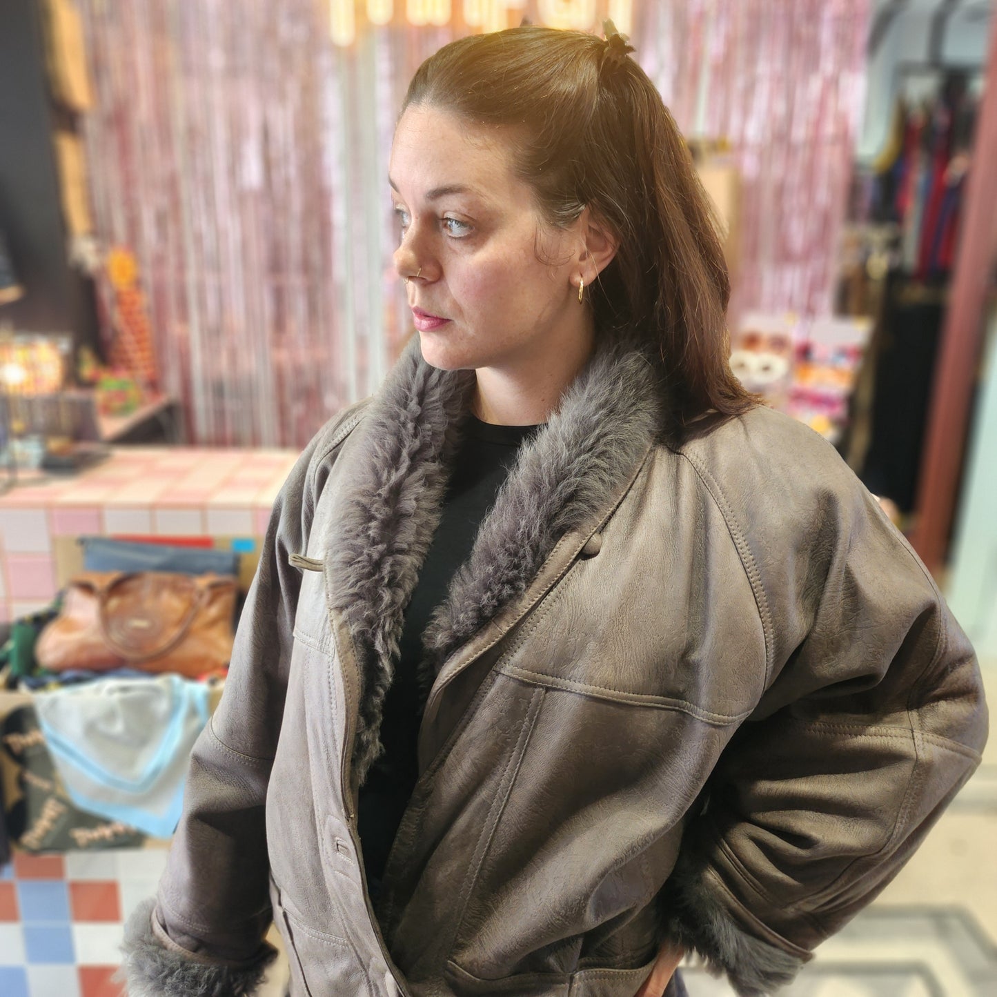 Oversized Grey Shearling Leather Coat
