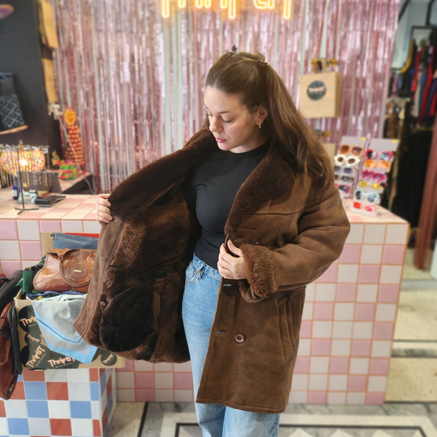 Dark Brown Shearling Leather Coat