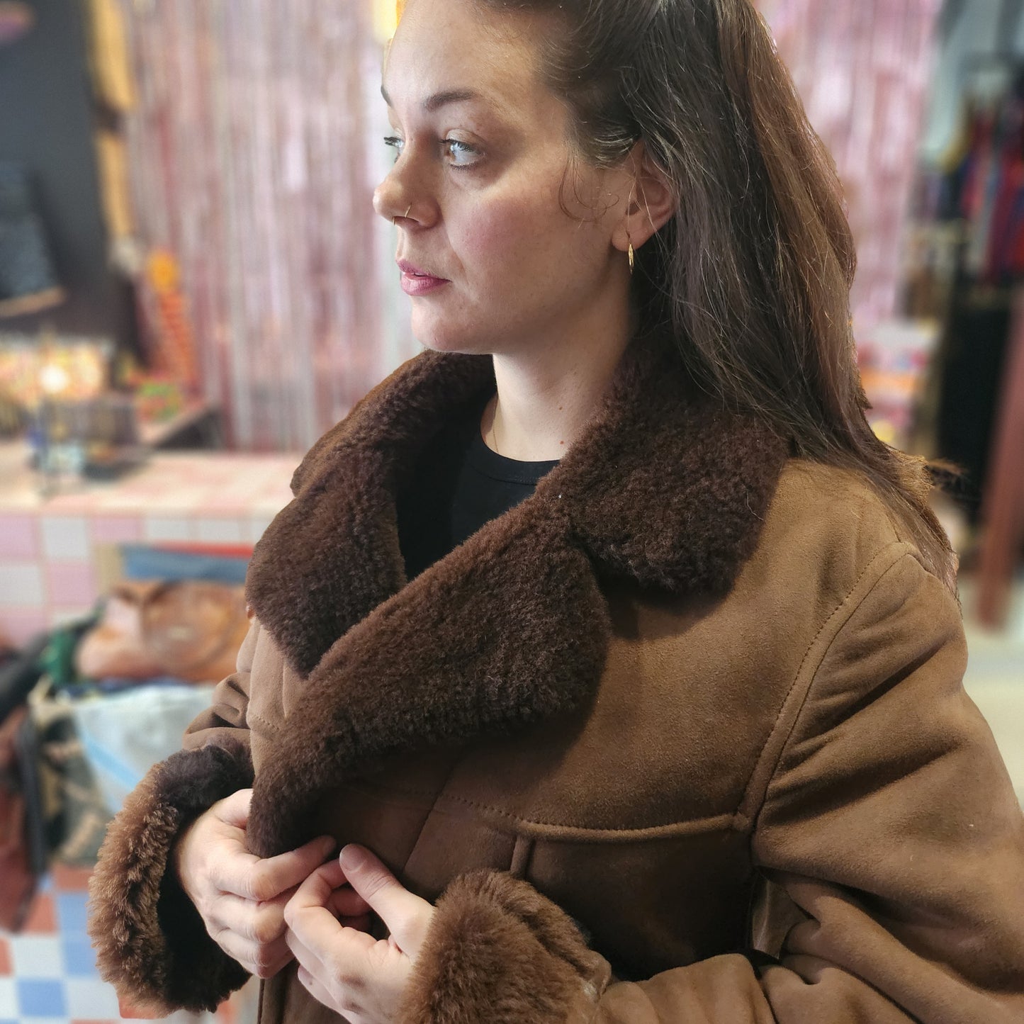 Dark Brown Shearling Leather Coat