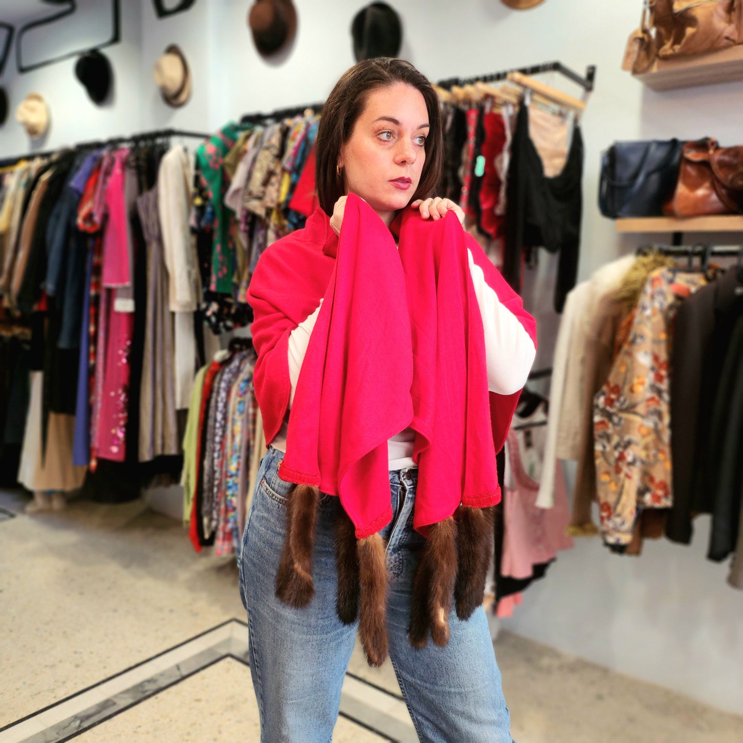 Weap Shawl with Fur Tassels