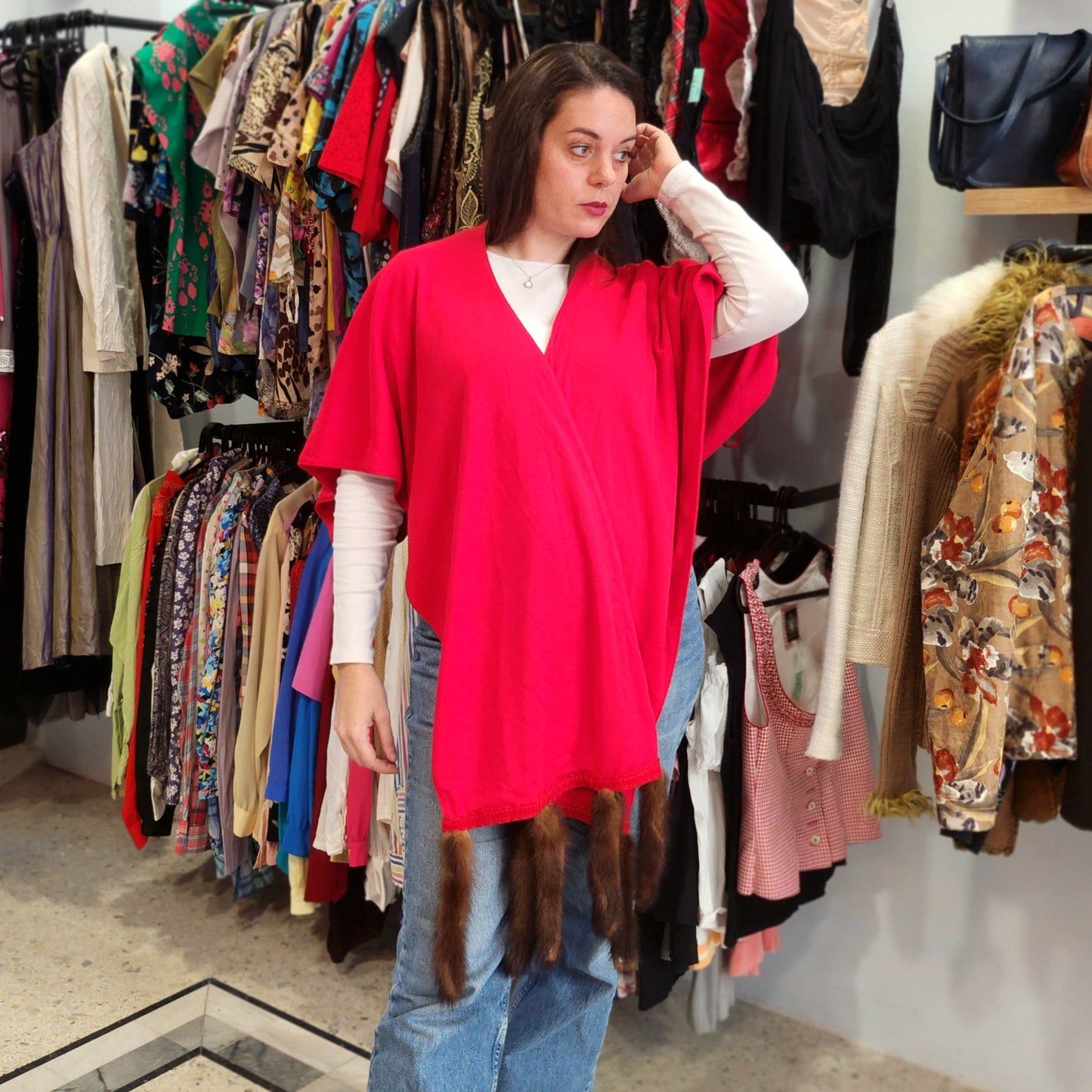 Weap Shawl with Fur Tassels