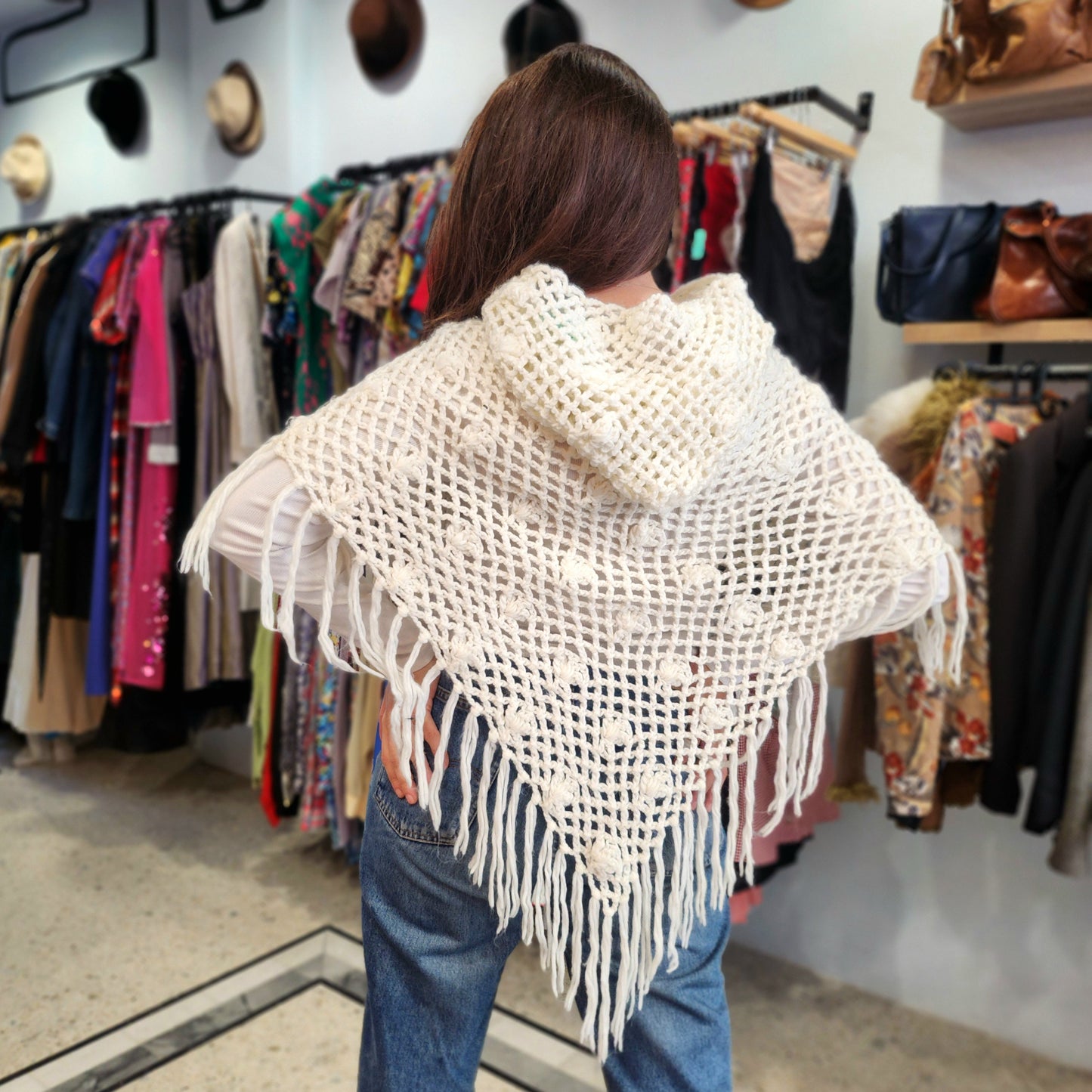 Vintage Crochet Poncho with Hood