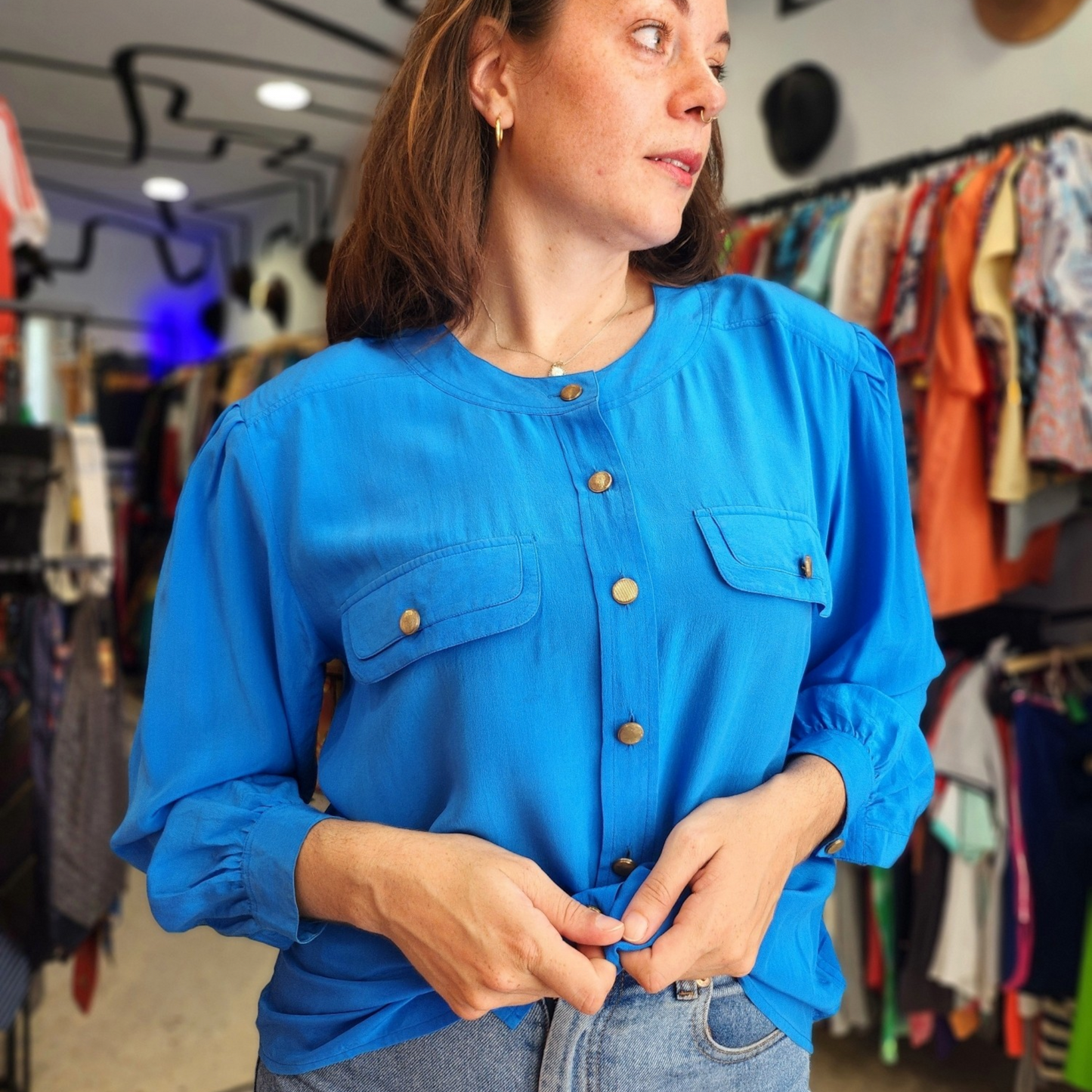 Blue Shirt with Gold Details