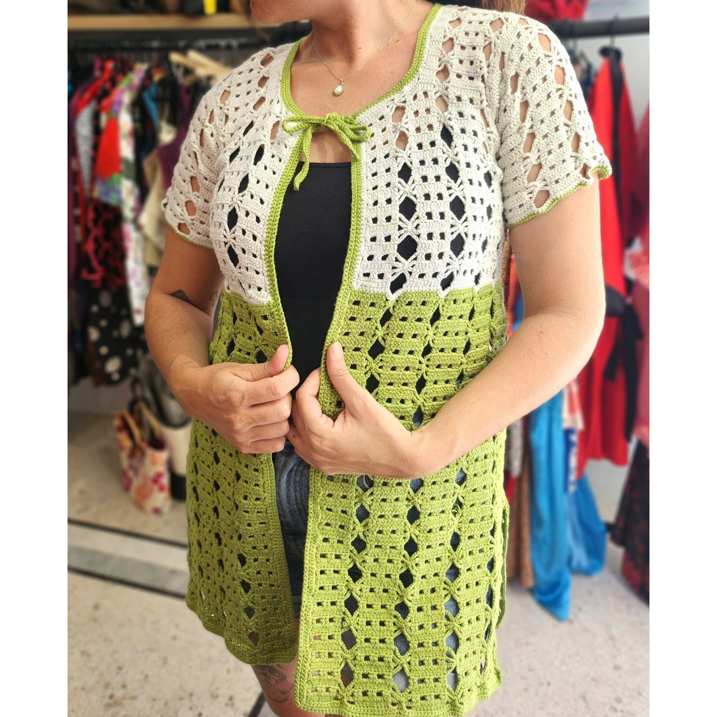 White & Green Crochet Top