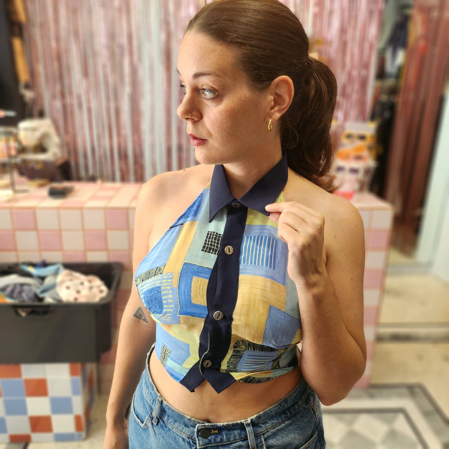 Reworked Shirt Top - Patterned