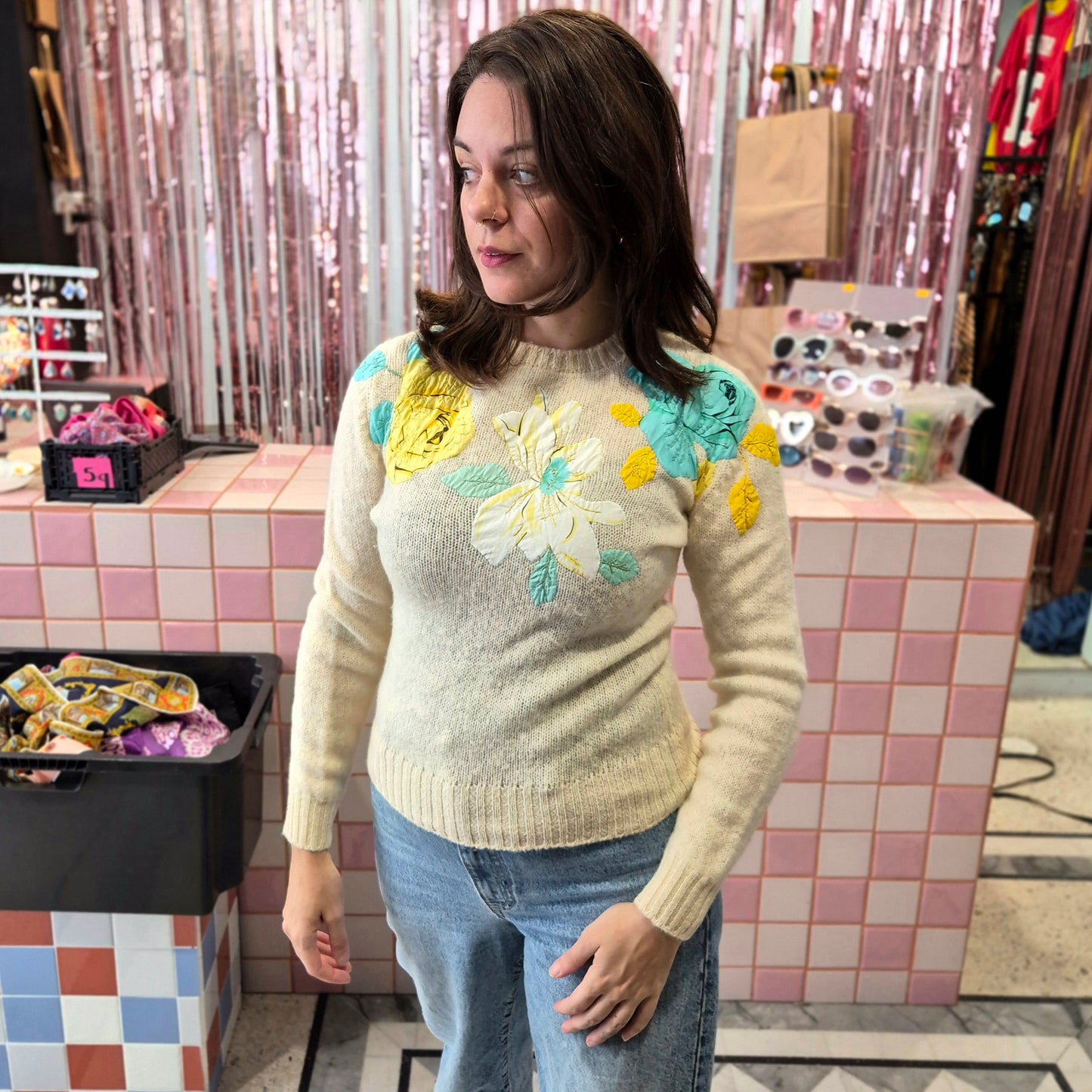 Vintage Knitted Top with Flowers