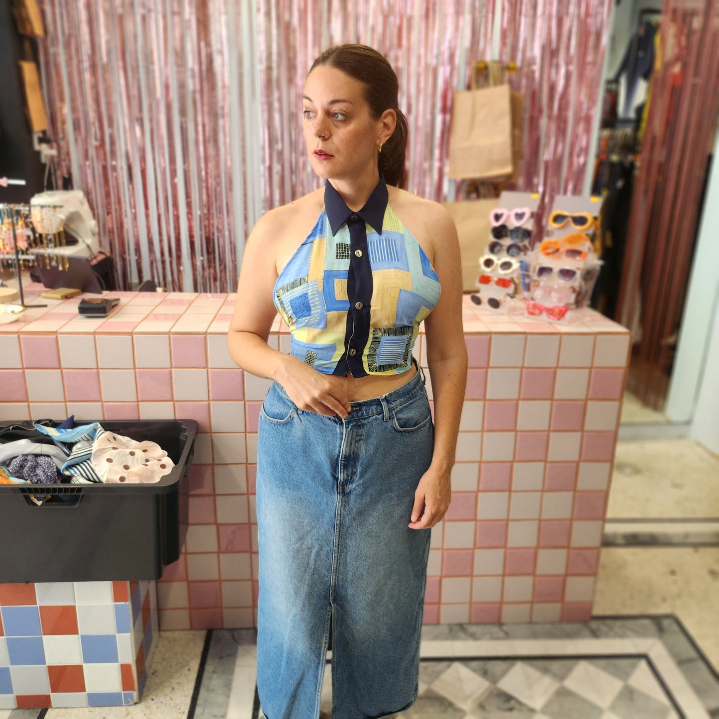Reworked Shirt Top - Patterned