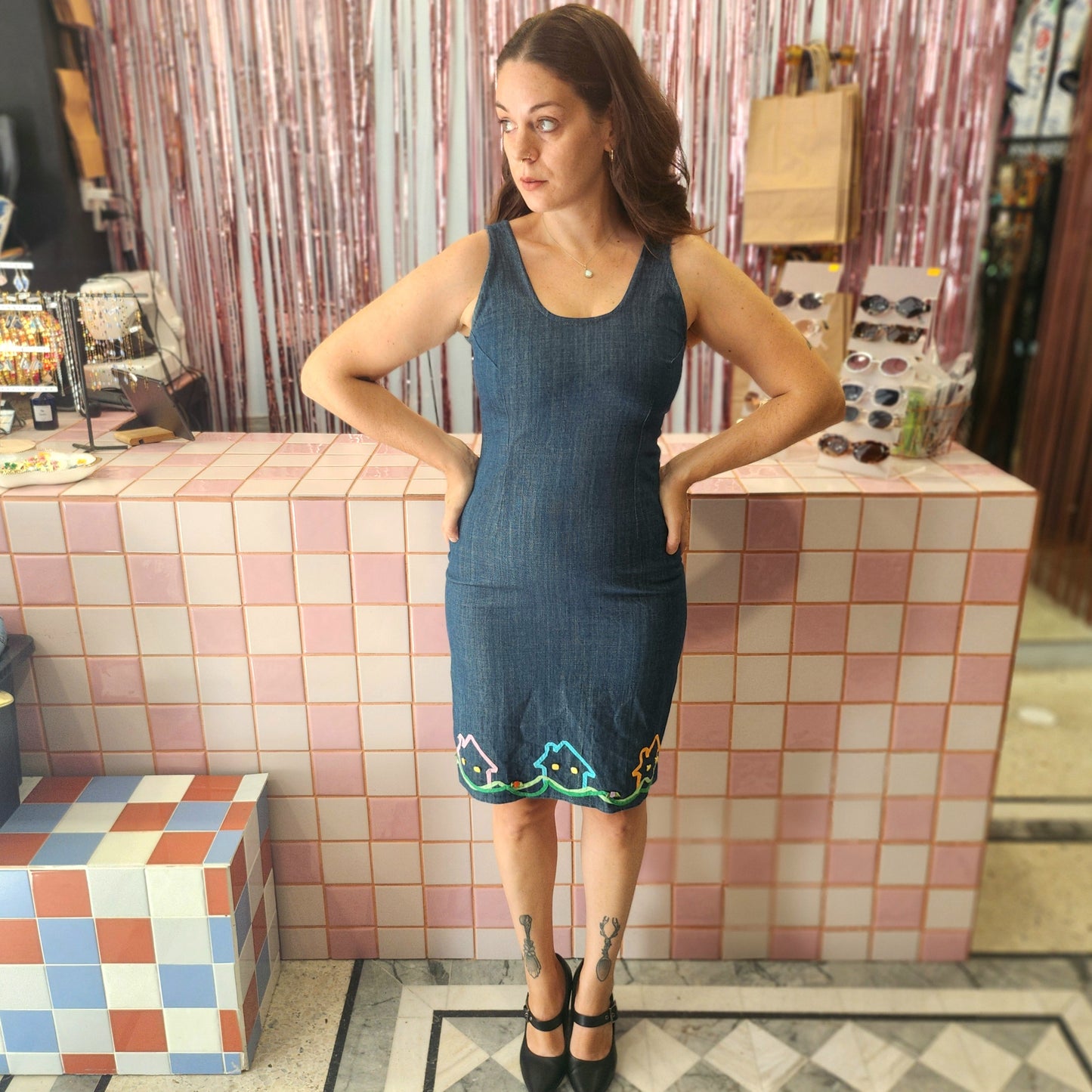 Cute Denim Dress with Houses