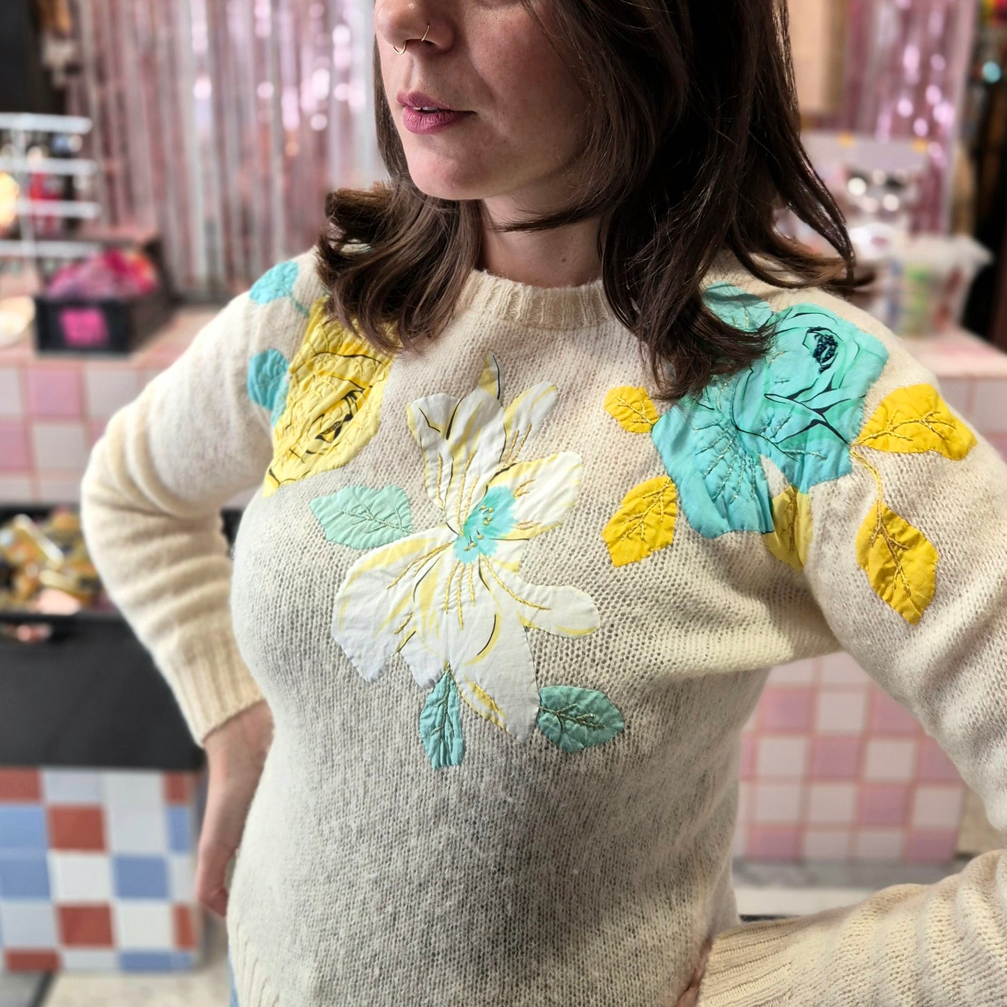 Vintage Knitted Top with Flowers