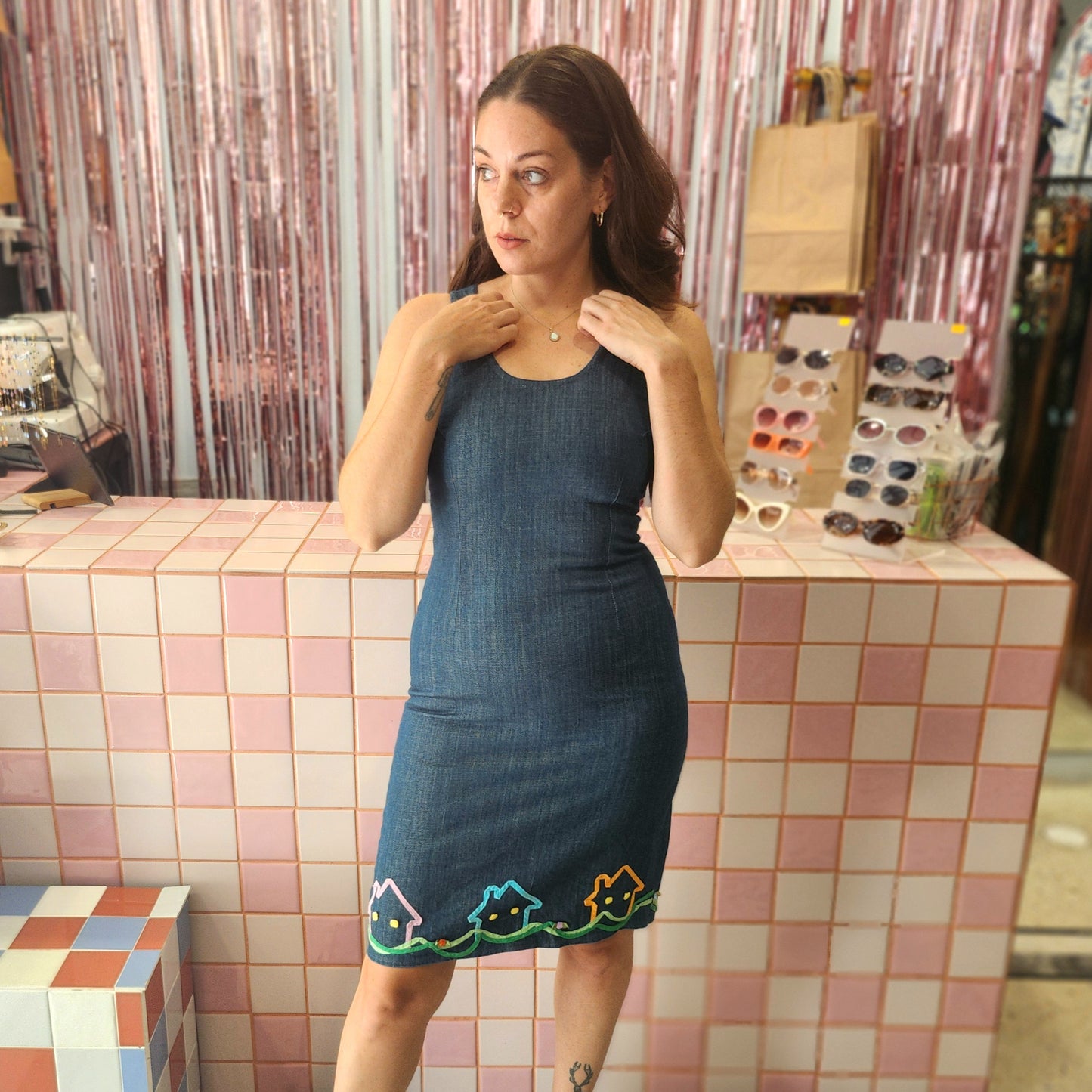 Cute Denim Dress with Houses