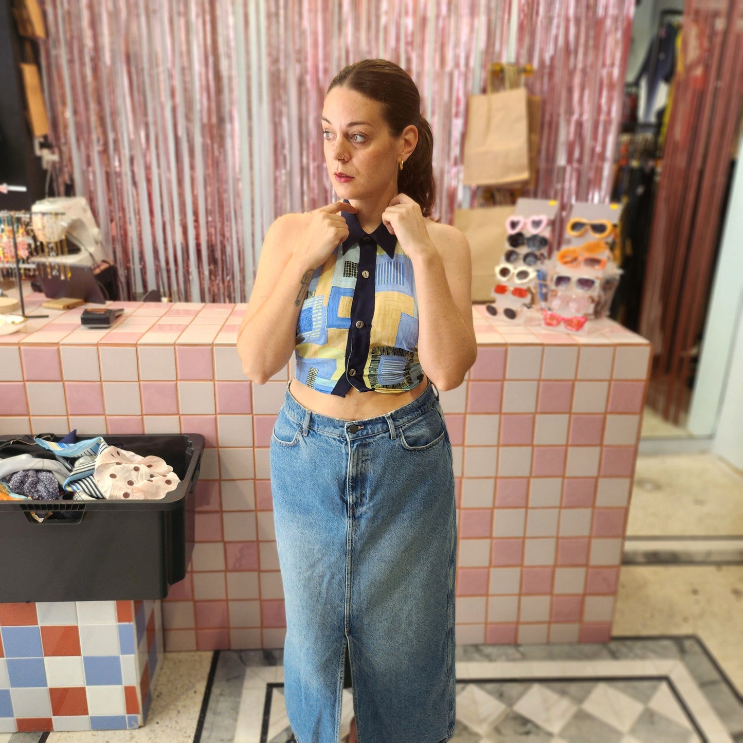 Reworked Shirt Top - Patterned