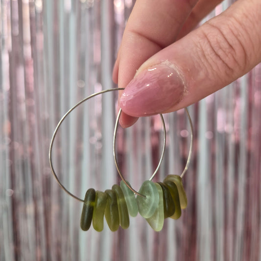 Olive Seaglass Silver Hoops