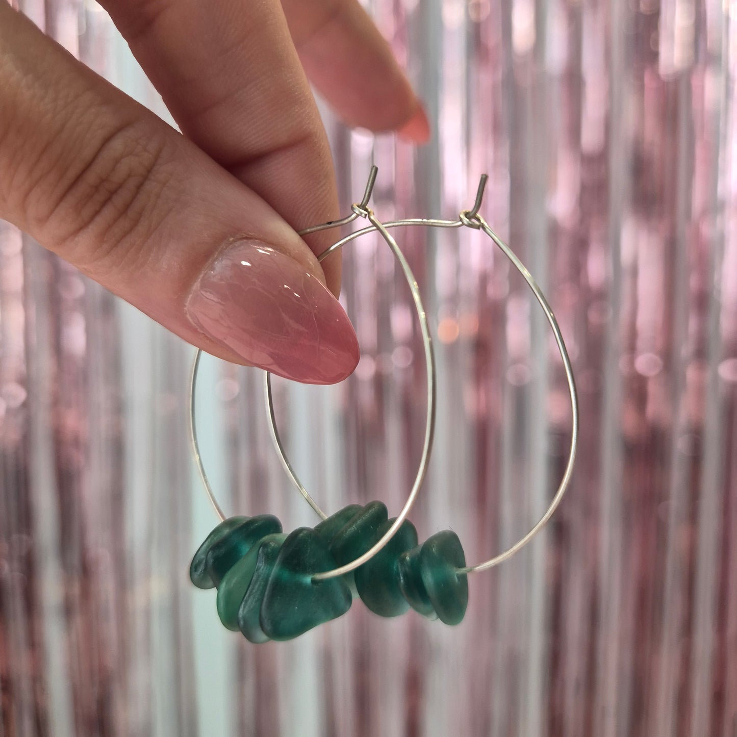 Teal Seaglass Silver Hoops