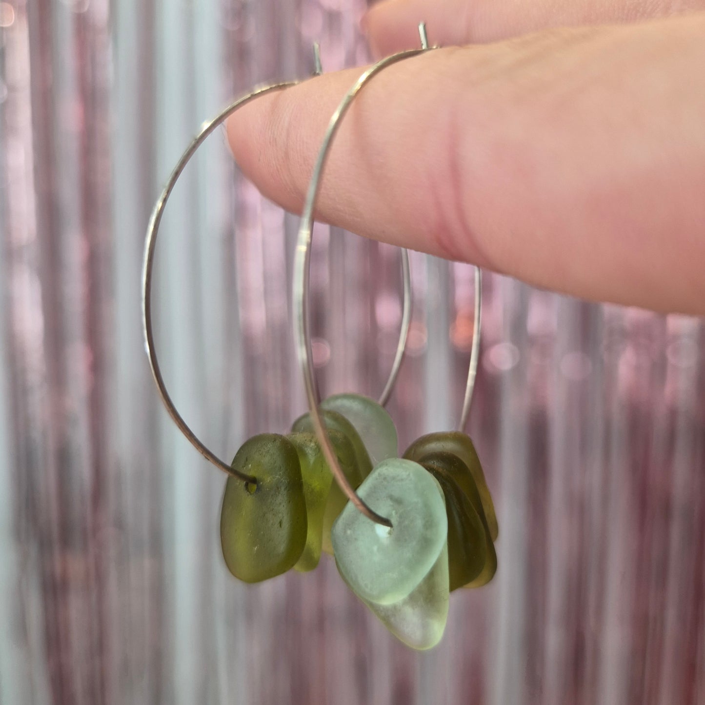Olive Seaglass Silver Hoops