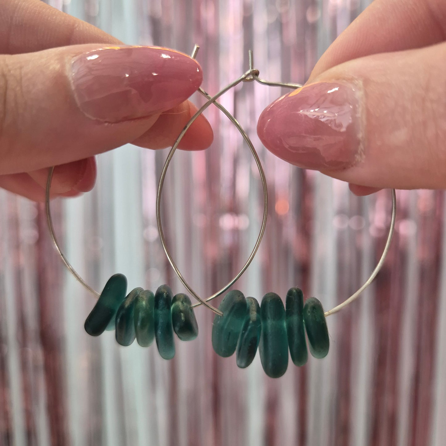 Teal Seaglass Silver Hoops