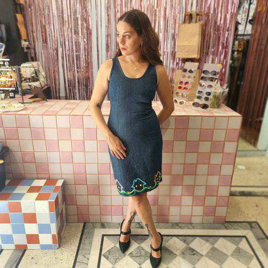 Cute Denim Dress with Houses