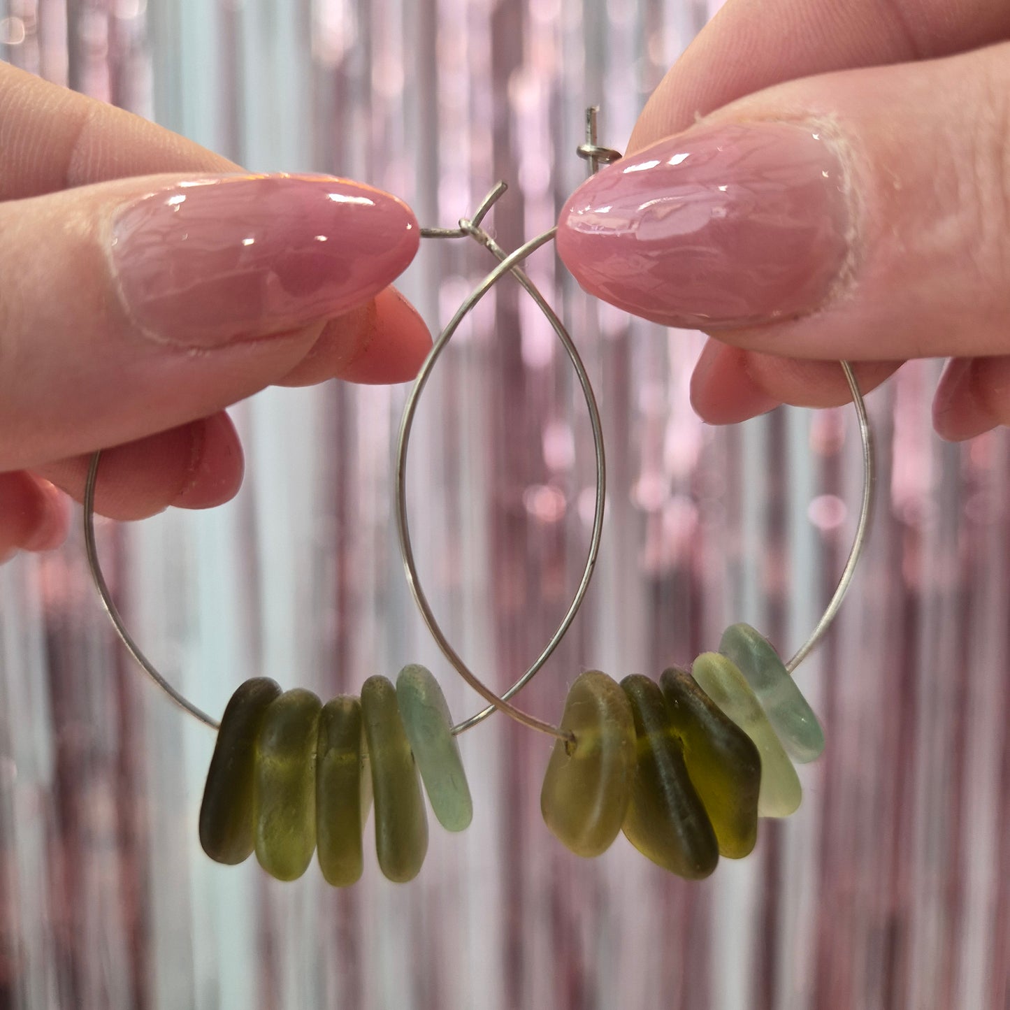 Olive Seaglass Silver Hoops