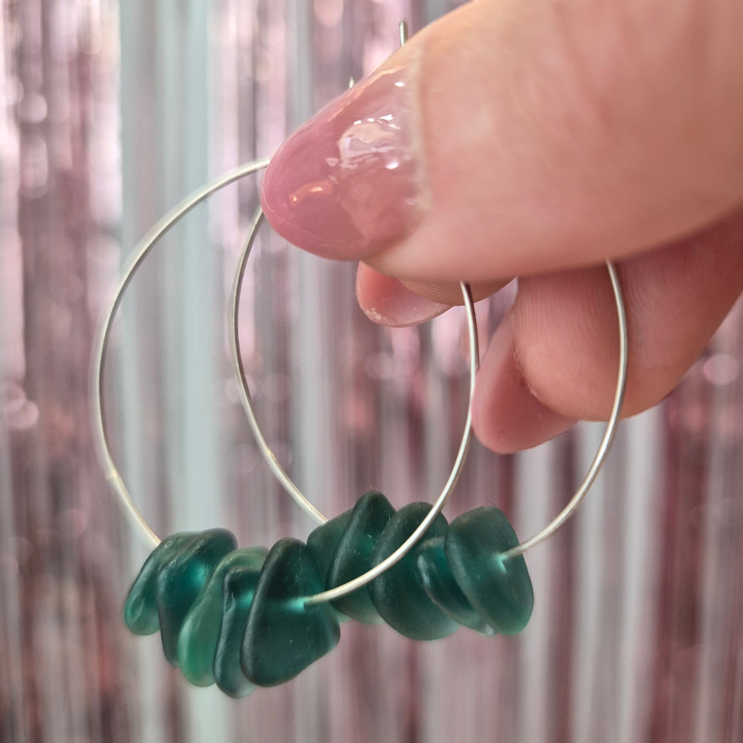 Teal Seaglass Silver Hoops