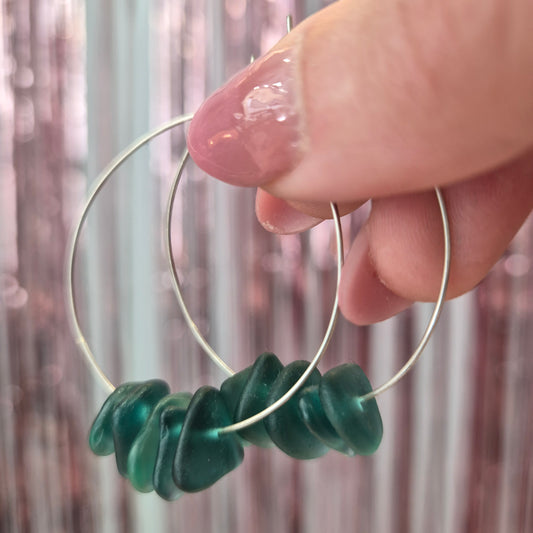Teal Seaglass Silver Hoops