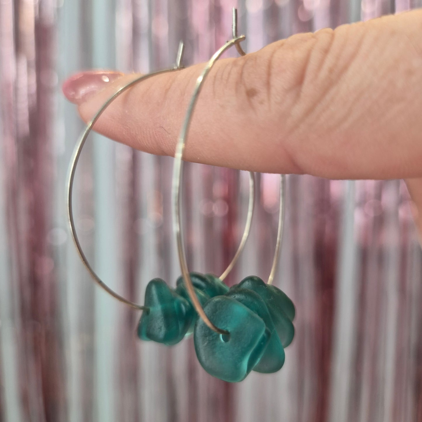 Teal Seaglass Silver Hoops