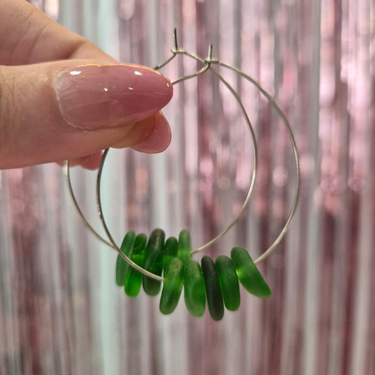 Green Seaglass Silver Hoops