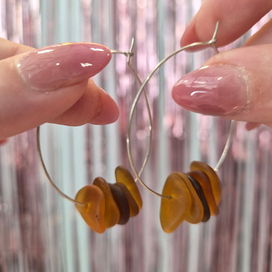 Amber Seaglass Silver Hoops