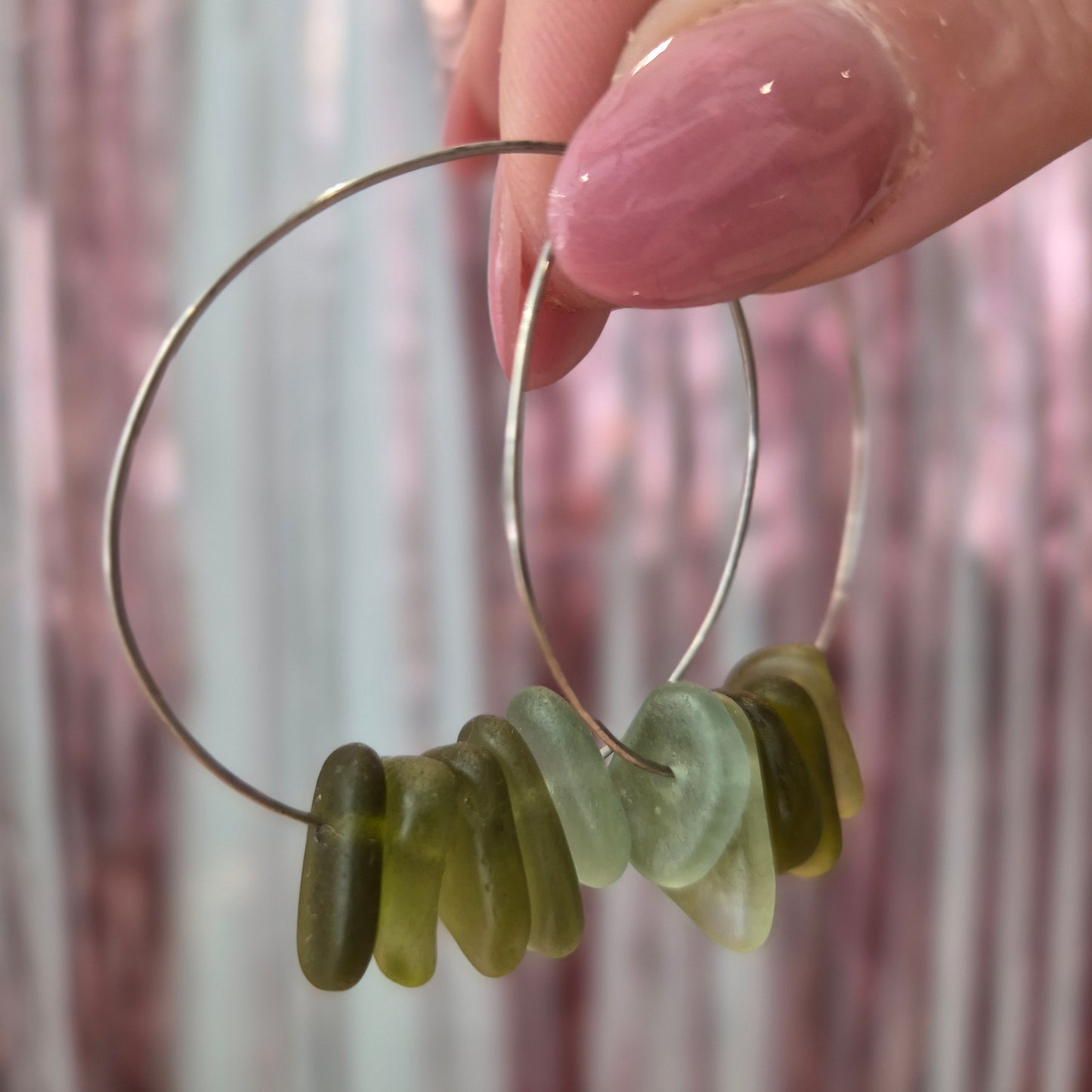 Olive Seaglass Silver Hoops